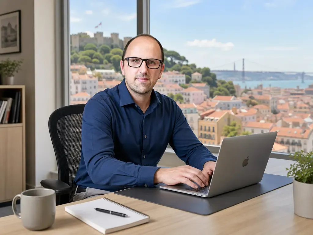 Ricardo Morais, consultor SEO em Lisboa, a trabalhar com o Castelo de São Jorge e o Tejo ao fundo