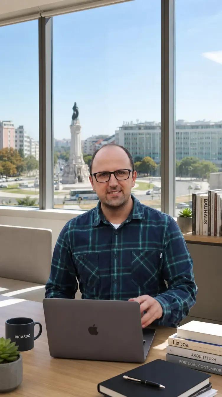Ricardo Morais, consultor SEO em Lisboa, no seu escritório com o Marquês de Pombal ao fundo