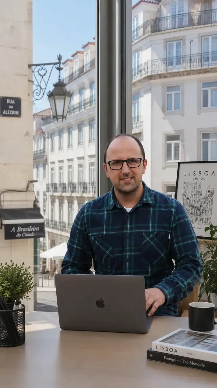 Ricardo Morais, consultor SEO, a caminhar na Rua Augusta em Lisboa, com o Arco ao fundo